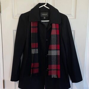 London Fog Black Coat  Size Small with Red and Gray Plaid Scarf